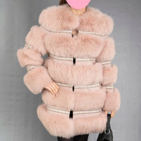 NewReal Fox Fur Paneled Wool Tweed Overcoat Jacket Sequin Rhinestone embellished - Picture 2 of 6